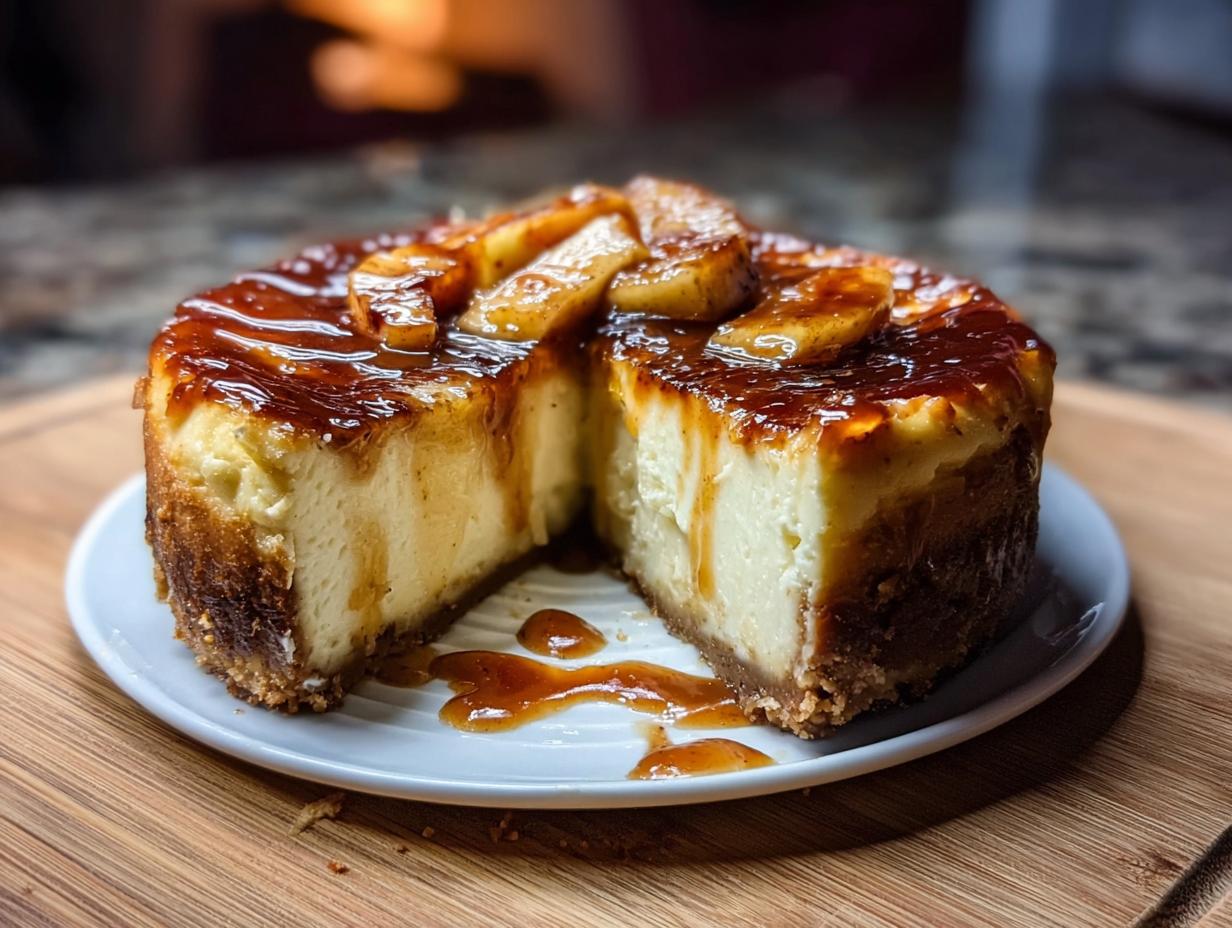 Caramel Apple Cheesecake - creamy filling being poured into crust