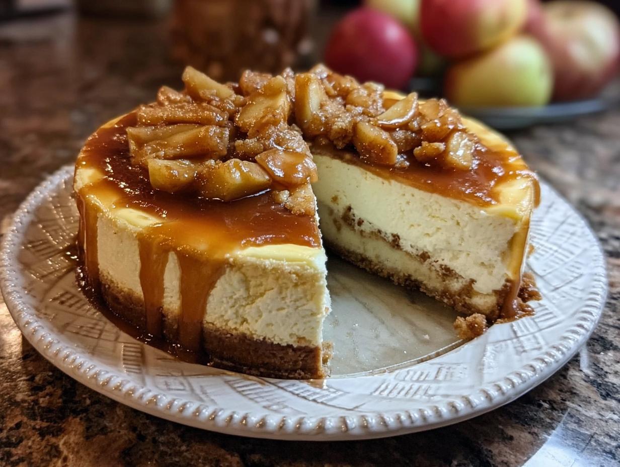 Caramel Apple Cheesecake - homemade caramel sauce being drizzled