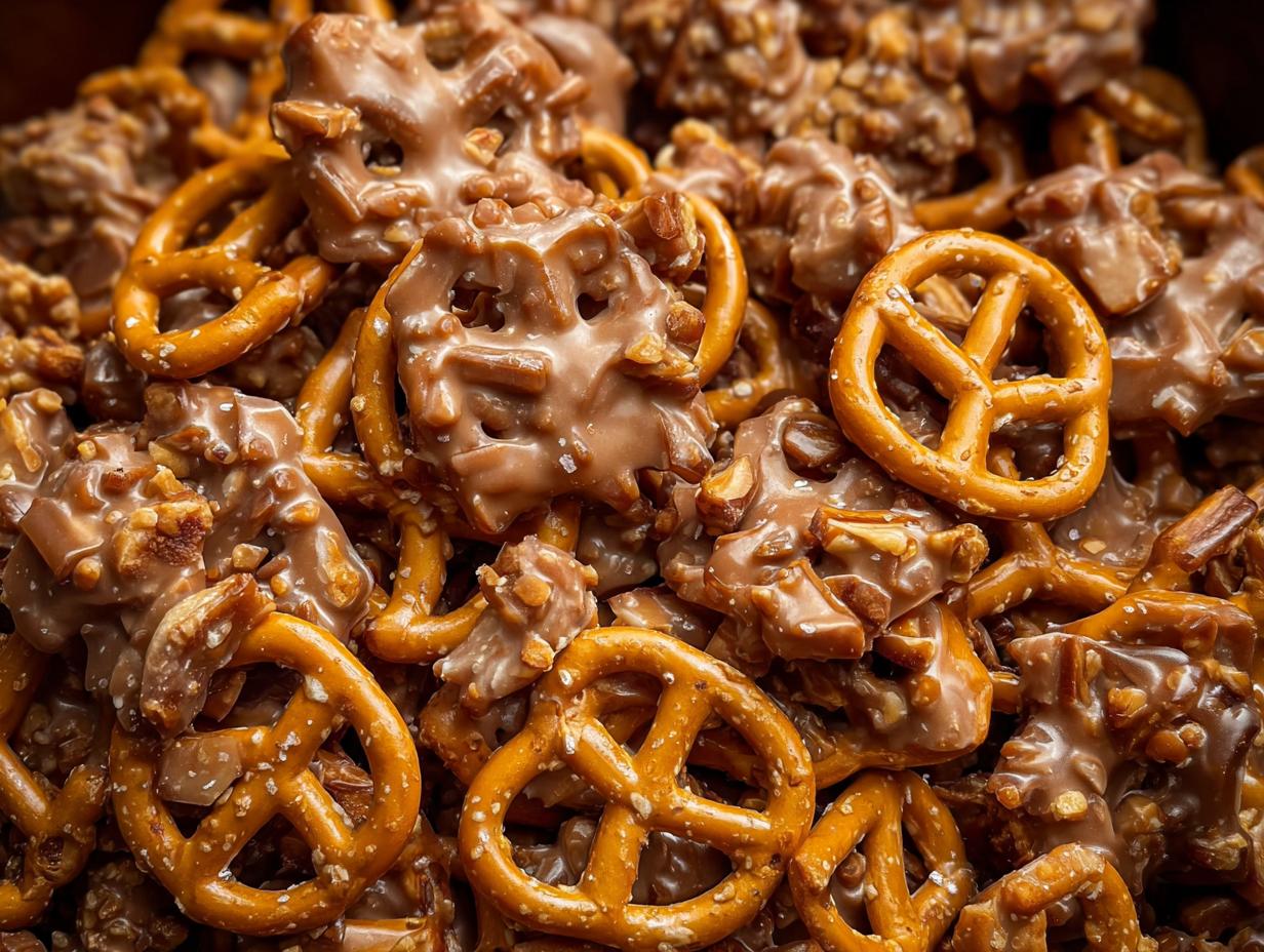Butter Toffee Pretzels Snack - close-up of coated pretzels