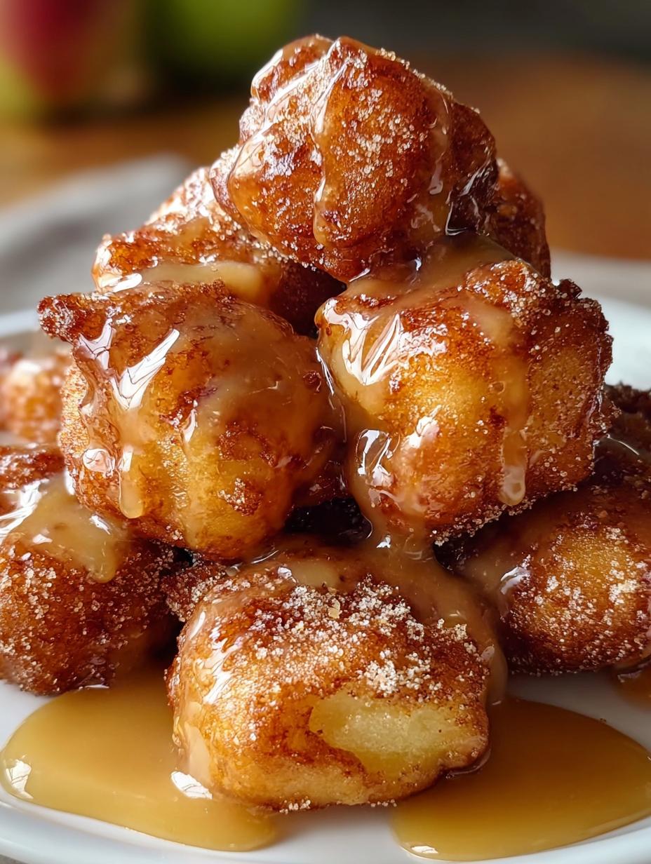 Butterscotch Golden Cinnamon Glazed: Warm Bites 8 A plate of warm Butterscotch Golden Cinnamon Glazed Apple Fritter Bites ready to be served