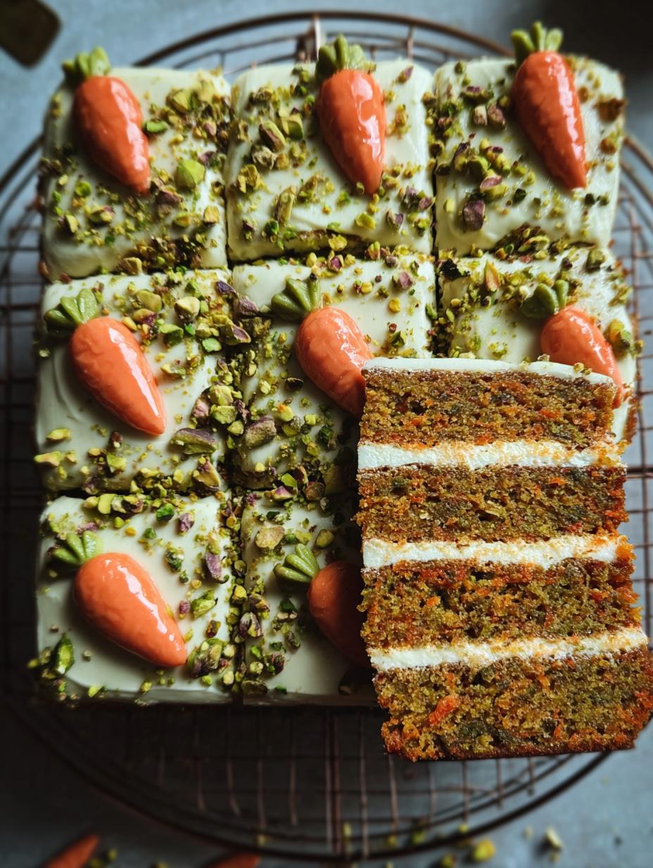 Carrot Sheet Cake Pistachio - beautifully frosted and decorated slice