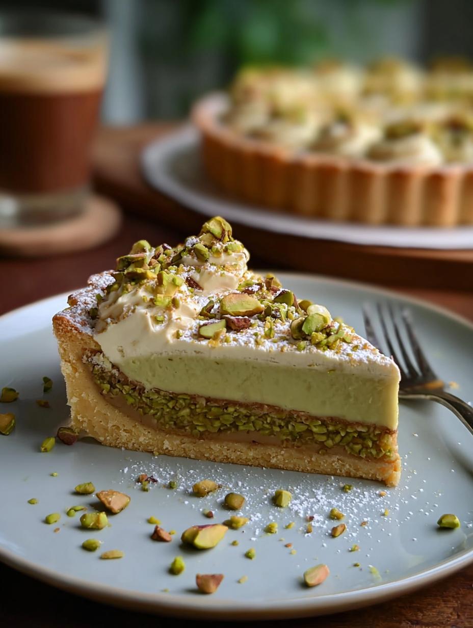 Italian Tart Pistachio Cream - a slice showing the crust and filling