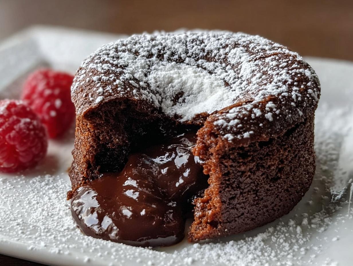 Molten Lava Chocolate Cake - finished dessert with dusting