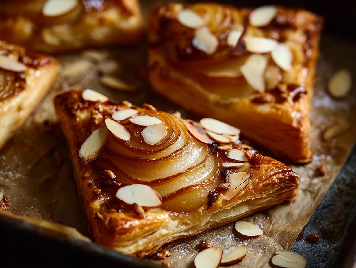 Puff Pastry Pear Tarts: Close-up of a finished tart with a glossy glaze and almonds