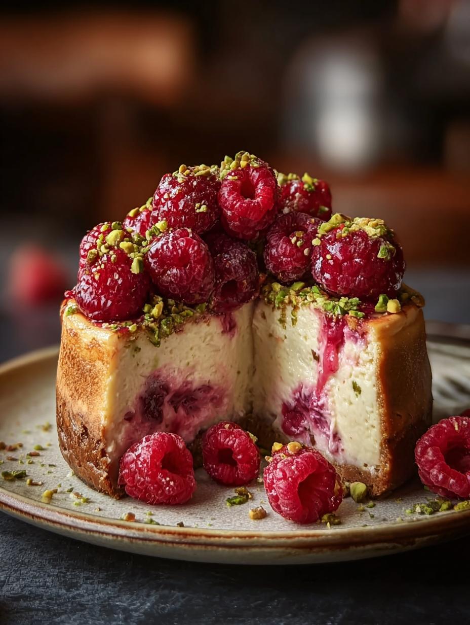 Decadent Raspberry Pistachio Cheesecake: 1 Secret Twist 8 Decadent Raspberry Pistachio Cheesecake - A slice of cheesecake showing the layers of crust, pistachio, and raspberry swirl