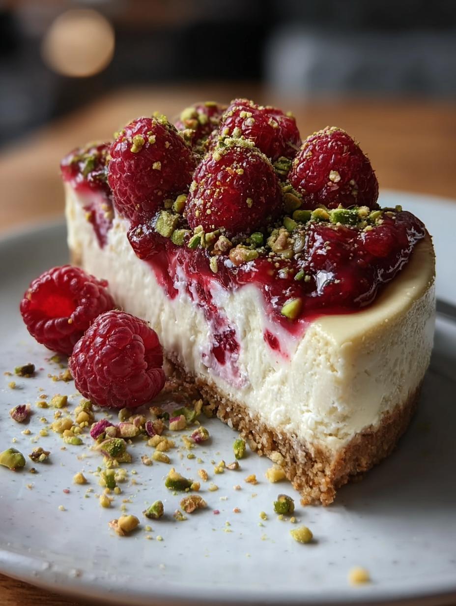 Decadent Raspberry Pistachio Cheesecake: 1 Secret Twist 6 Decadent Raspberry Pistachio Cheesecake - A stunning visual of the finished dessert with raspberry swirls and pistachio pieces