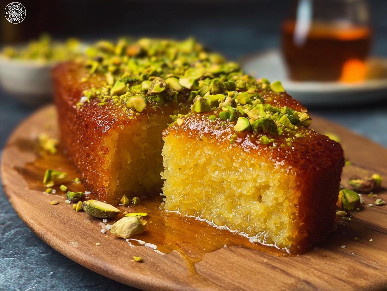 Saffron Pistachio Basbousa