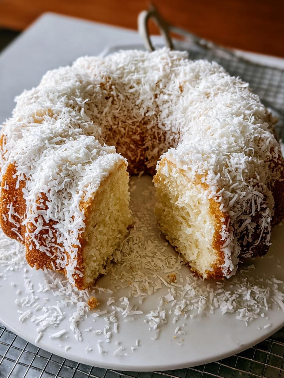 Tom Cruise Coconut Bundt - close-up of frosted cake with shredded coconut coating