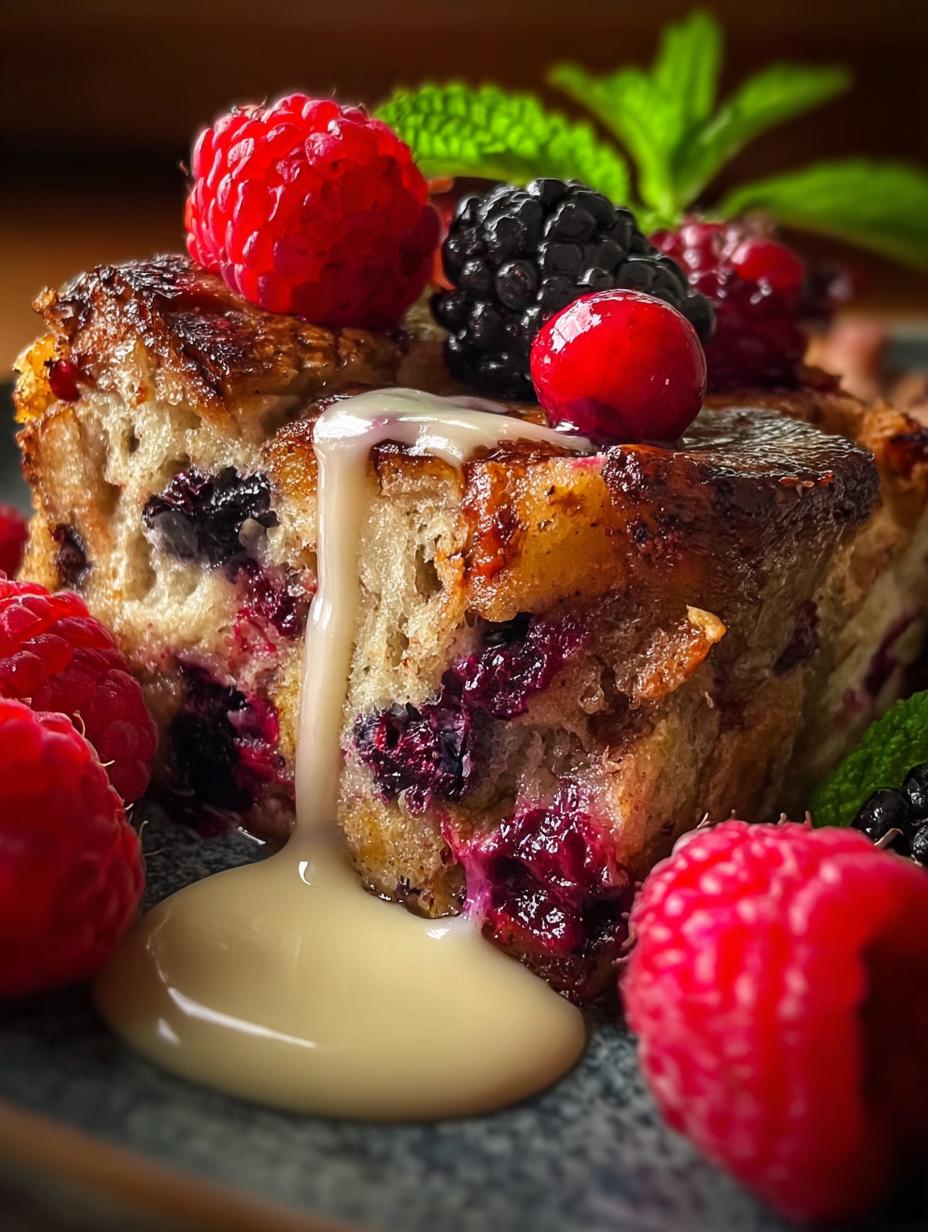 Wild Berry Bread Pudding: Magical 1-Step Comfort - Close-up of a slice of wild berry bread pudding with glaze