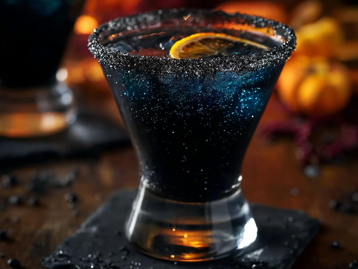 Magical Witches Brew Halloween Cocktail - vibrant neon blue color with black sugar rim