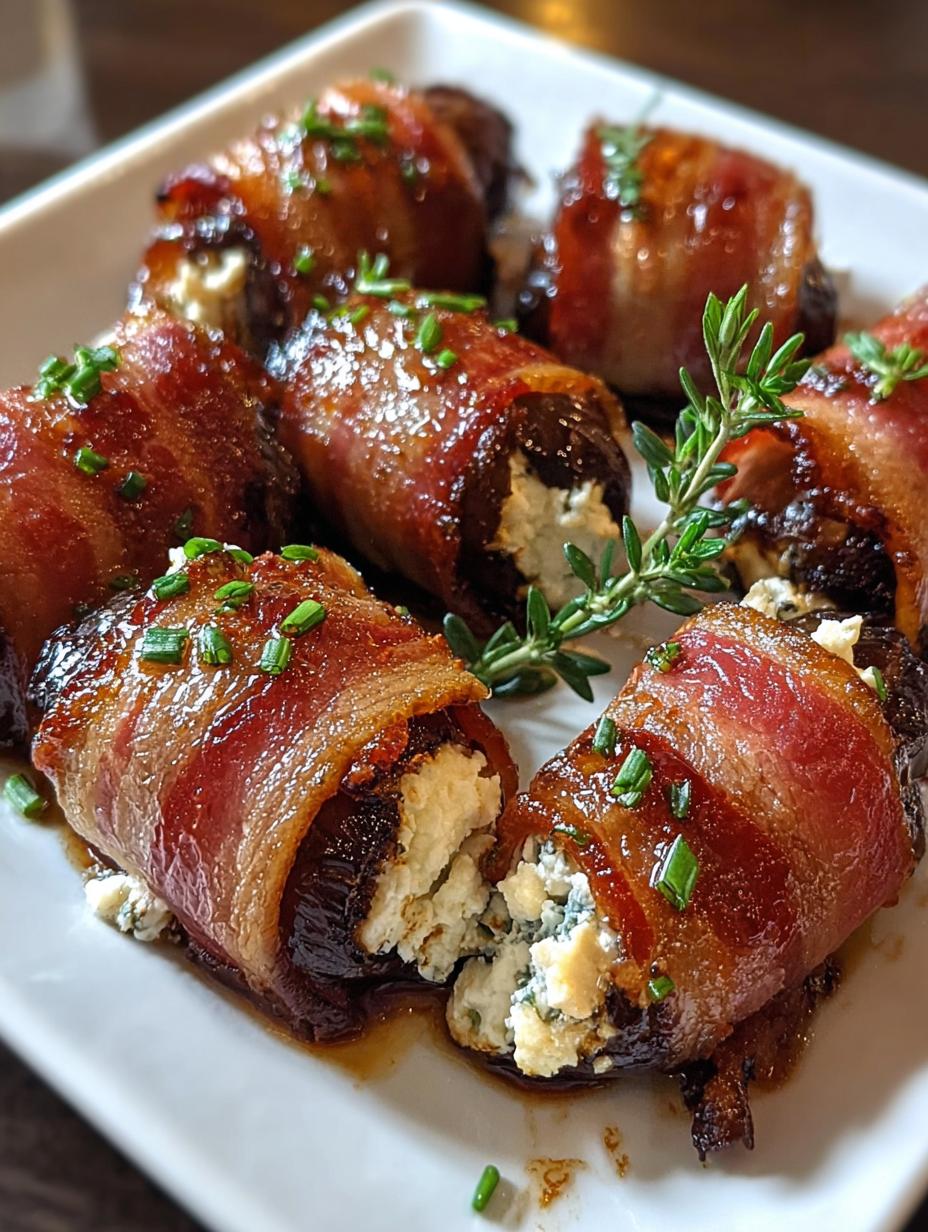 Close-up of bacon wrapped dates stuffed with goat cheese, ready for baking