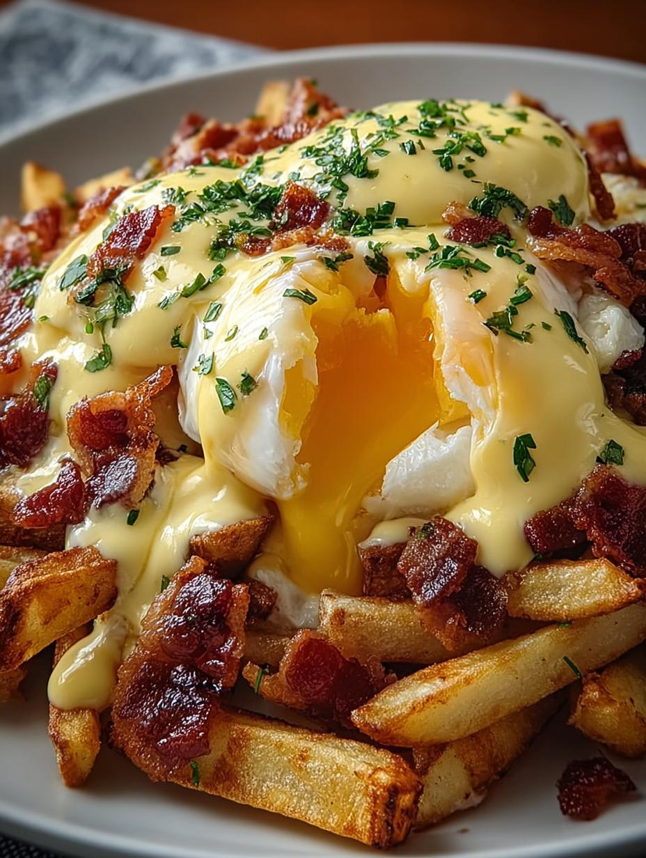 Delicious Breakfast Poutine with Hollandaise topped with chives and poached eggs