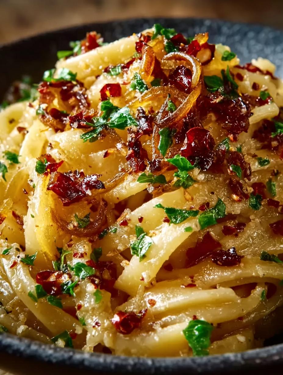Caramelized Onion Pasta with Chilli Oil: A Spicy Delight 5 Irresistible Caramelized Onion Pasta with Chilli Oil served in a bowl