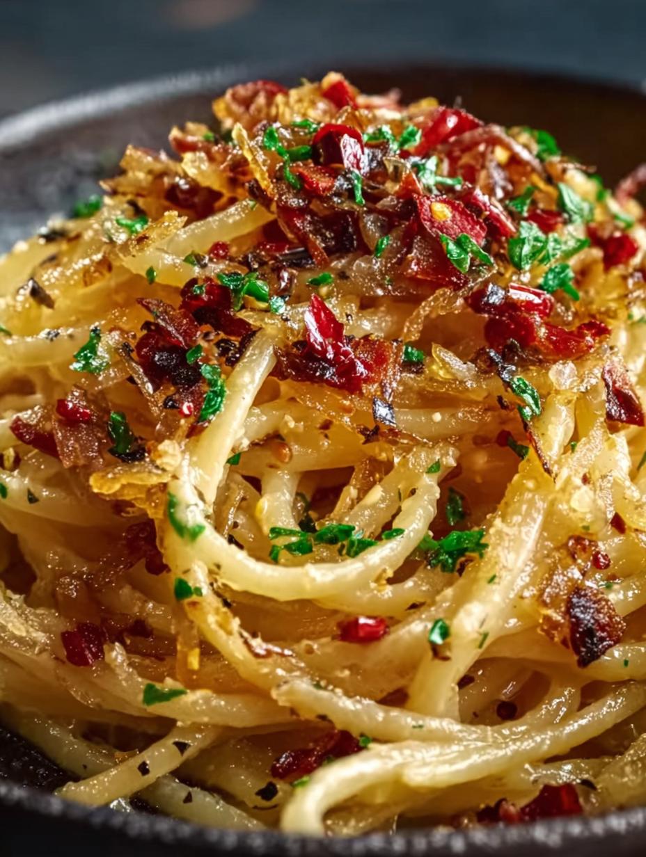 Delicious Caramelized Onion Pasta with Chilli Oil garnished with herbs