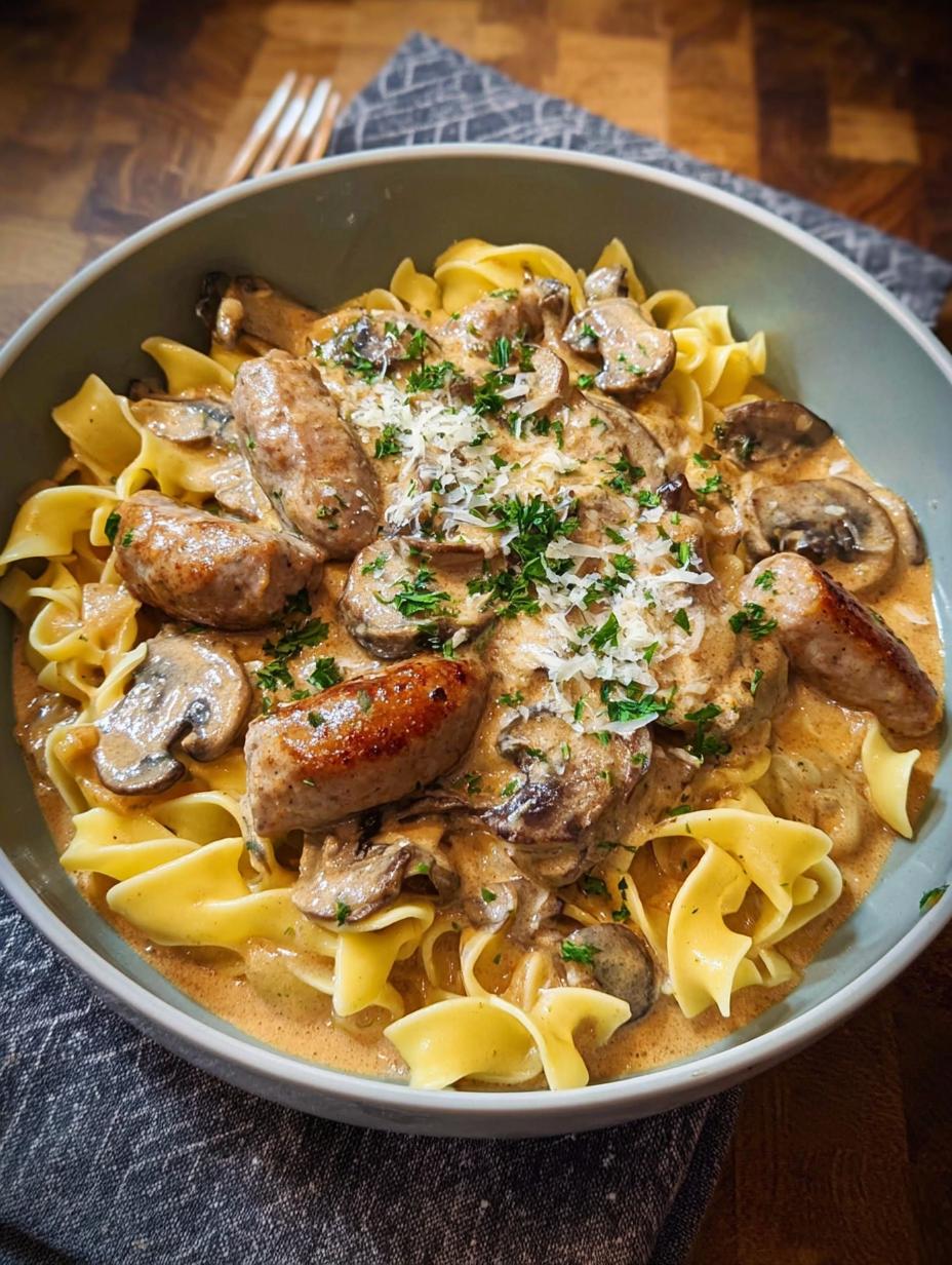 Hearty Creamy Sausage Stroganoff: QUICK DELISH - Creamy Sausage Stroganoff Hearty - main visual representation