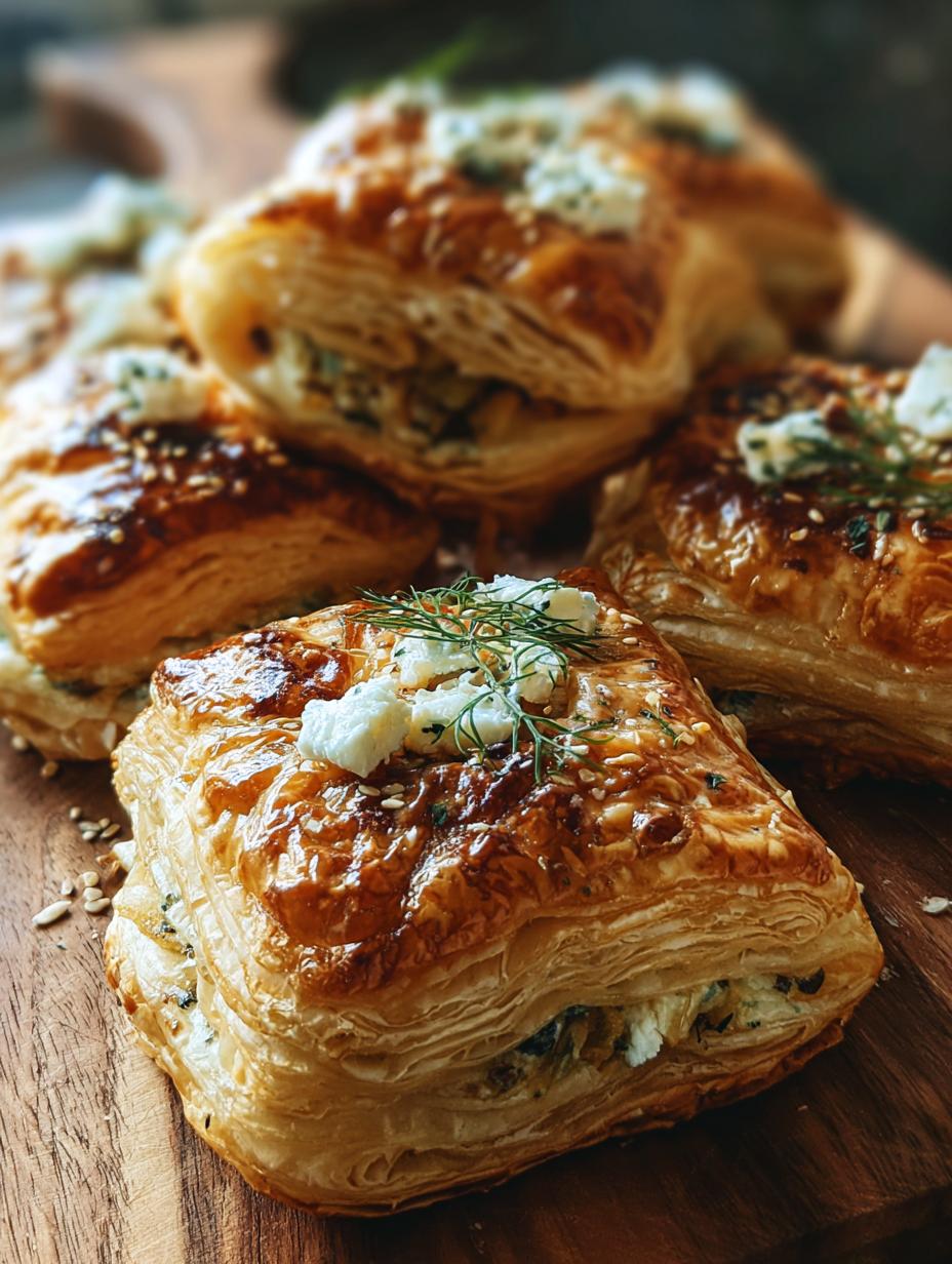 Feta Cheese Puff Pastries - close-up of flaky pastry with feta filling