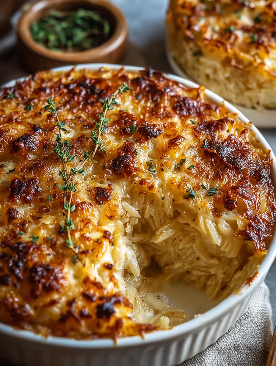 French Onion Orzo Bake