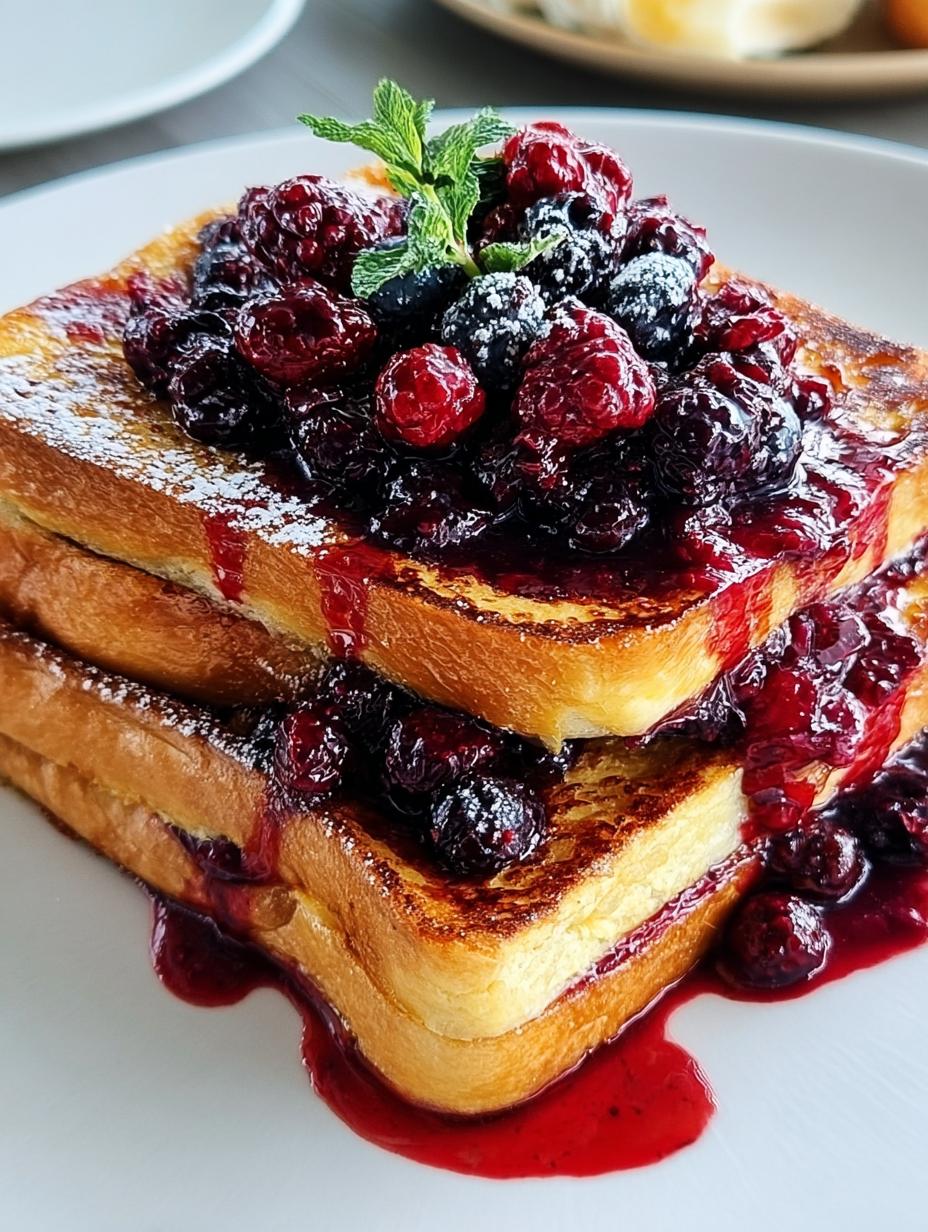 Irresistible Friendsgiving Brioche French Toast Star - close-up of berry compote being spooned over French toast