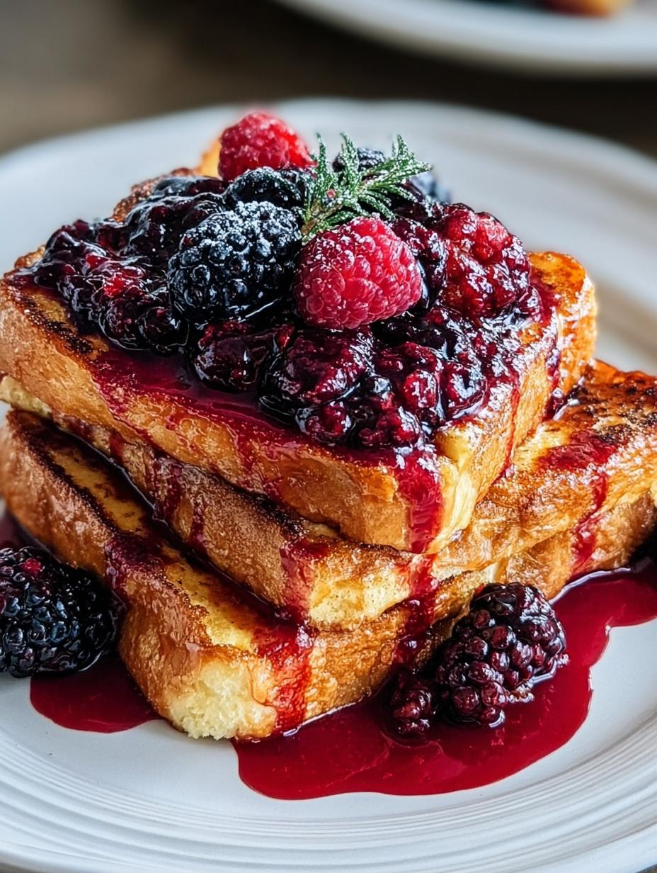 Irresistible Friendsgiving Brioche French Toast Star - a stack of French toast with berry compote and powdered sugar