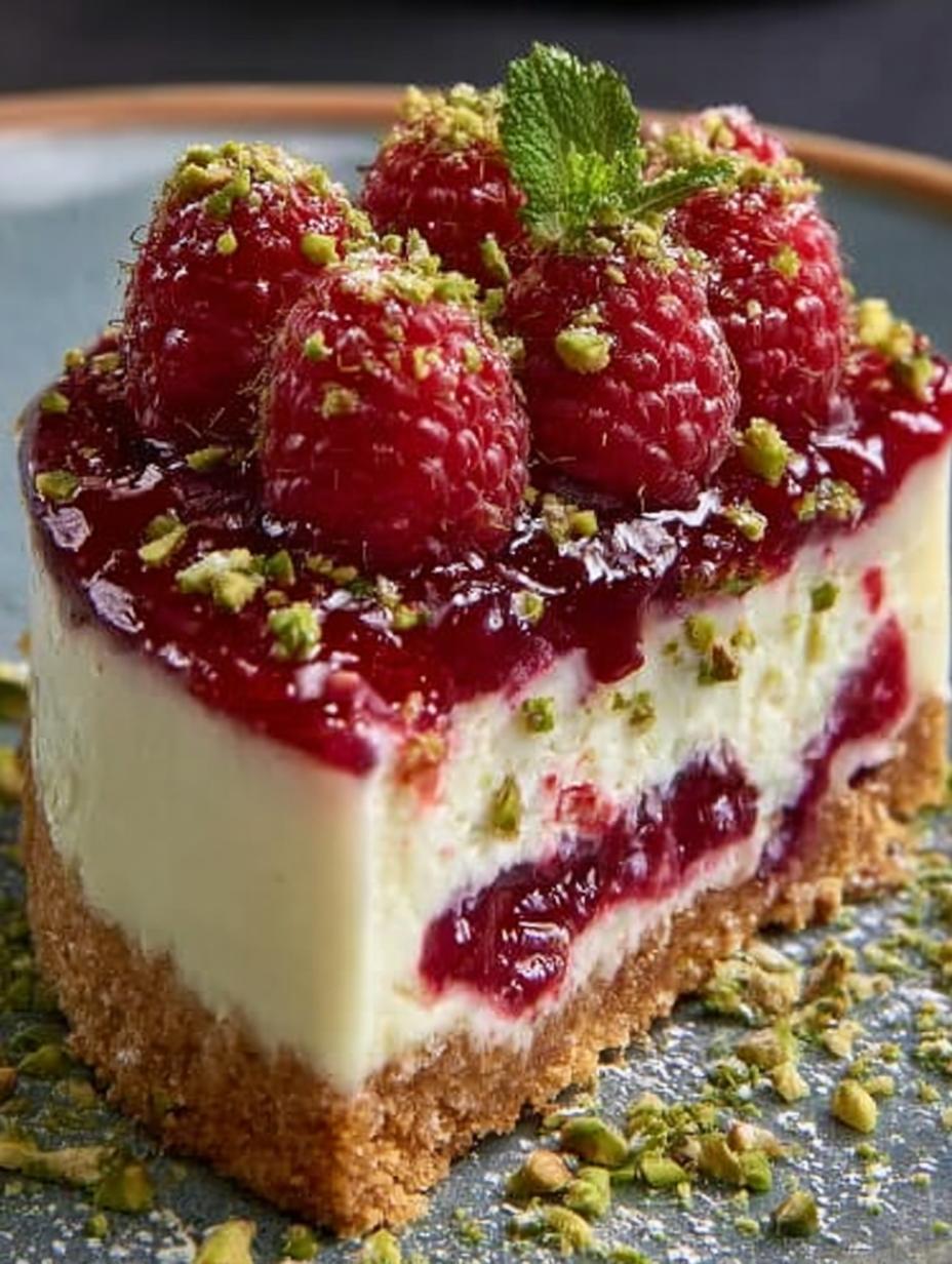 Pistachio Raspberry Crunch Cheesecake: 5 Irresistible Layers 6 Pistachio Raspberry Crunch Cheesecake: 5 Irresistible Layers - Pistachio Raspberry Crunch Cheesecake - additional detail