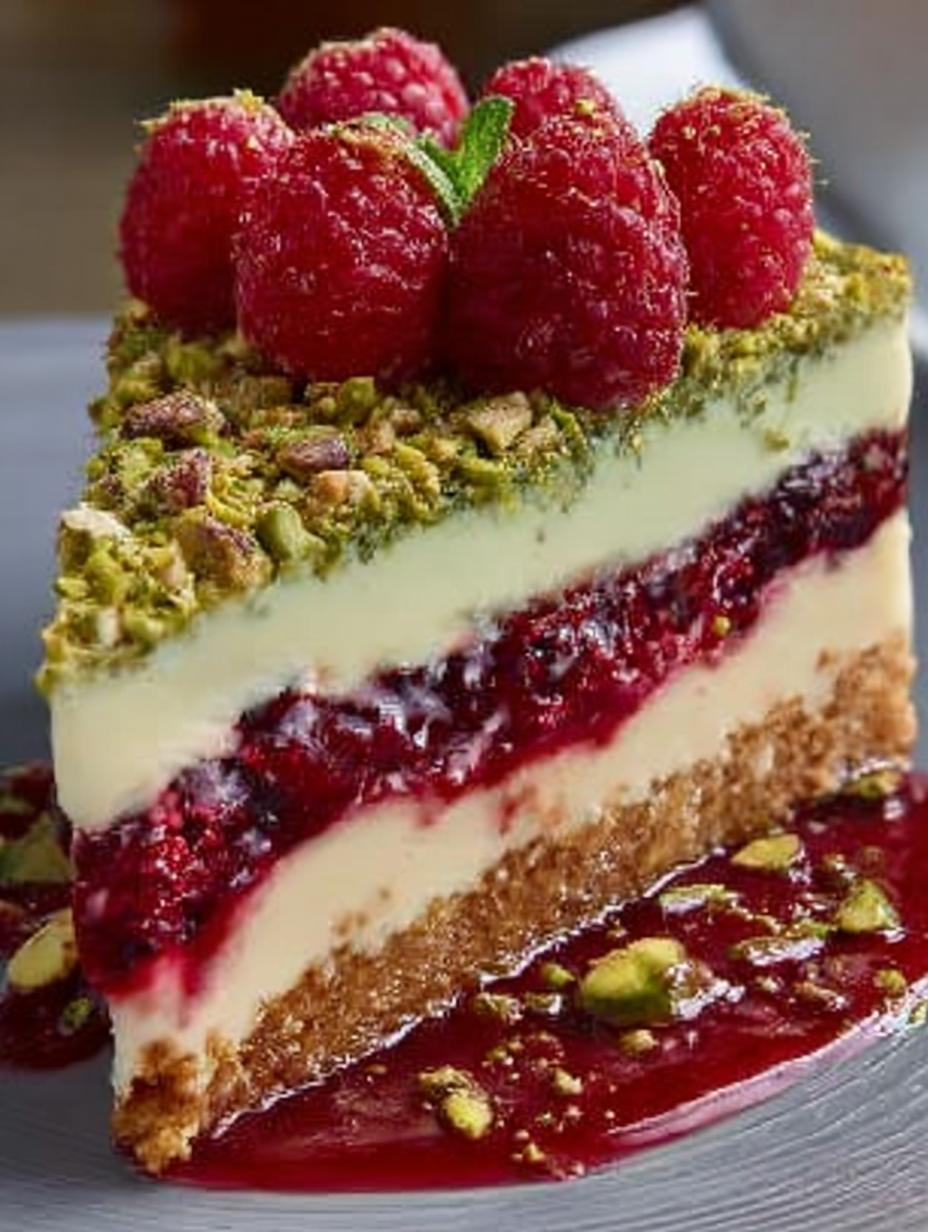 Pistachio Raspberry Crunch Cheesecake