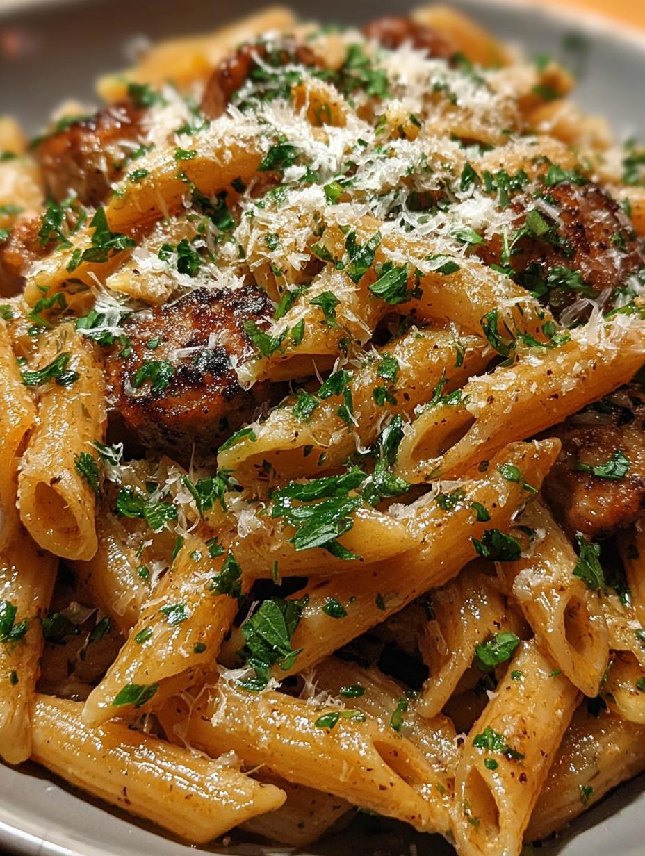 Sticky Sweet Garlic Parmesan: 30-Min Dinner 6 Close-up of Sticky Sweet Garlic Parmesan Sausage Penne coated in glaze