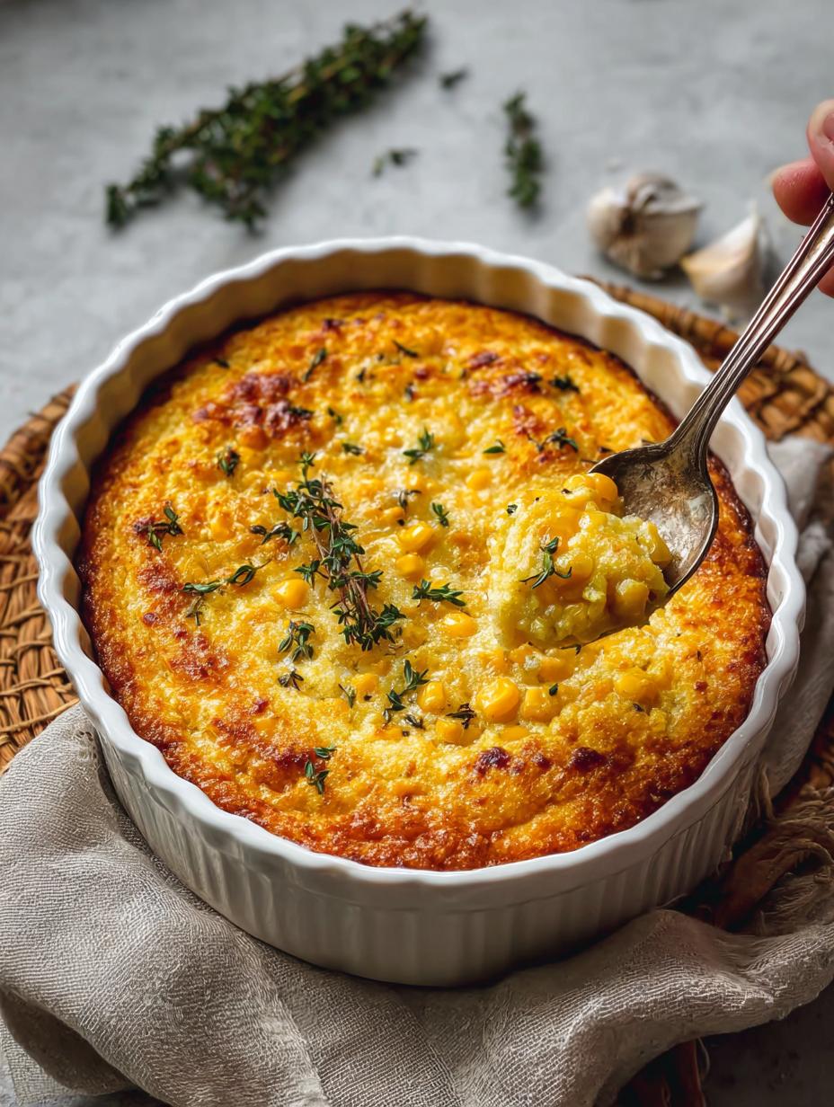 Sweet Corn Pudding: Decadent 15-Min Prep Comfort 6 Sweet Corn Pudding: Decadent 15-Min Prep Comfort - Close-up of baked sweet corn pudding with garnish